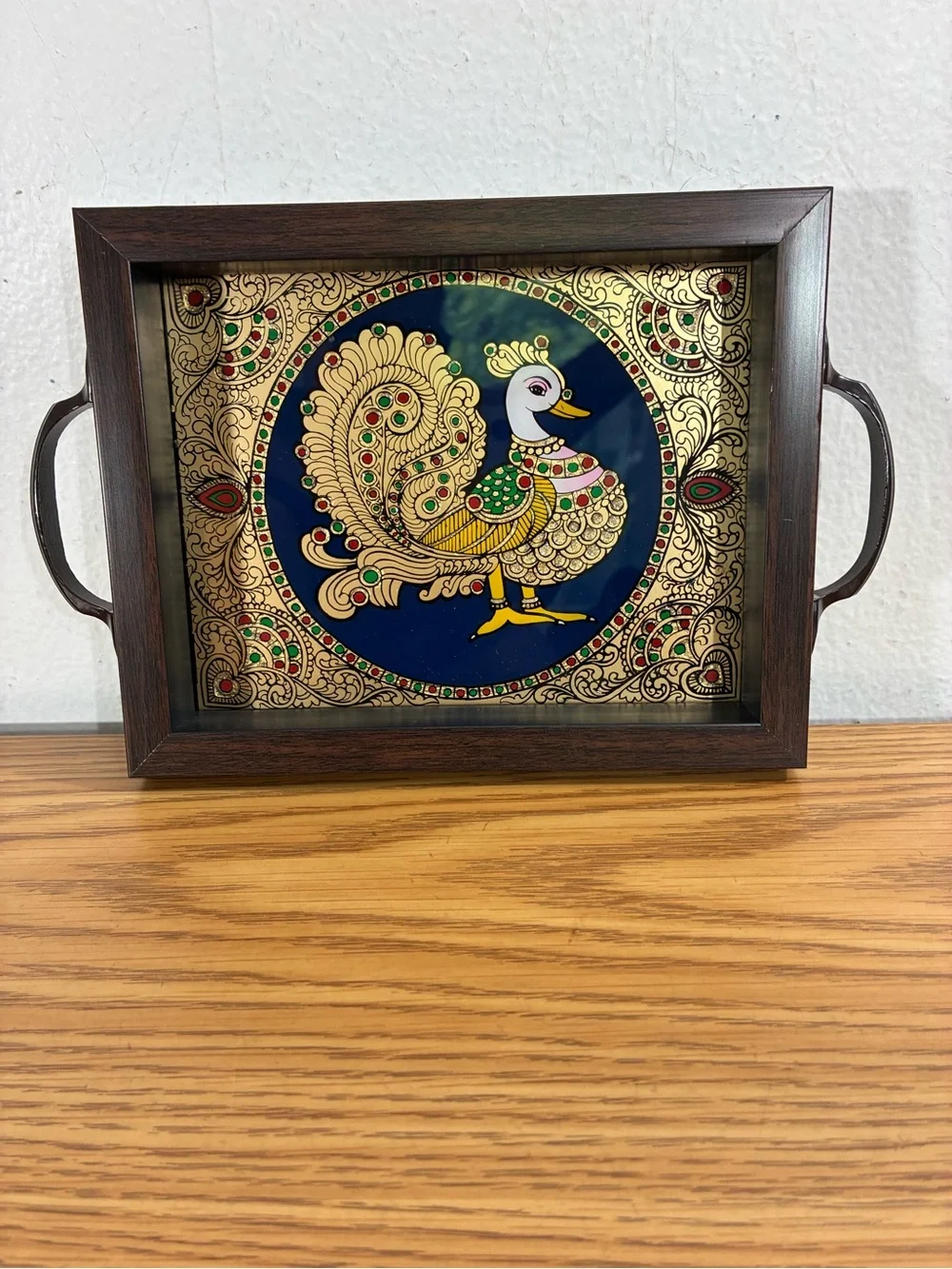 Tanjore mini tray gold foil framed peacock under acrylic